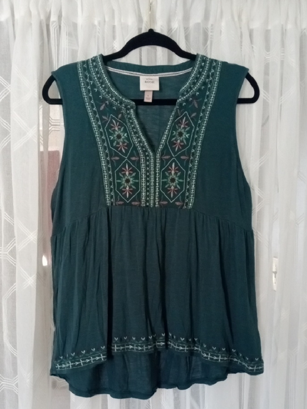 Knox Rose Teal Embroidered Boho Sleeveless Peplum Tank Size L